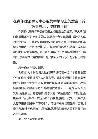 在青年理论学习中心组集中学习上的发言：淬炼青春志，赓续百年红
