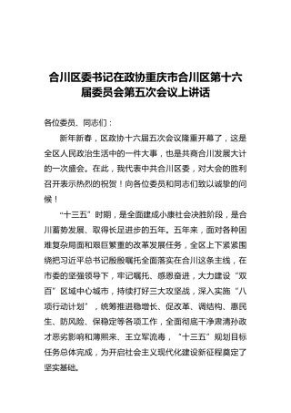 合川区委书记在政协重庆市合川区第十六届委员会第五次会议上讲话