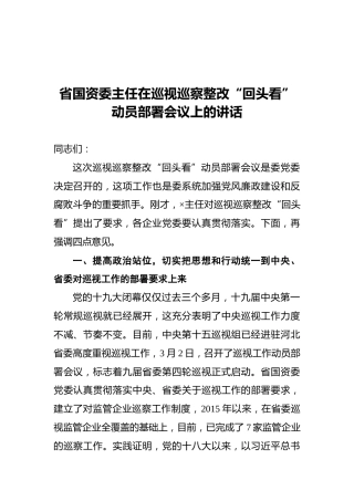 省国资委主任在巡视巡察整改“回头看”动员部署会议上的讲话