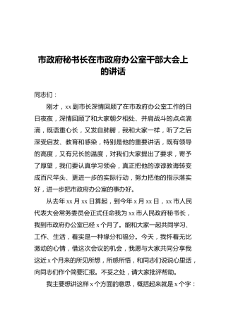 市政府秘书长在市政府办公室干部大会上的讲话