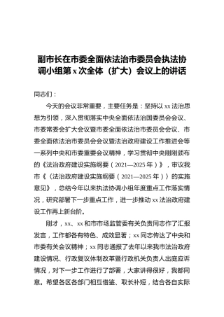 在市委全面依法治市委员会执法协调小组第x次全体（扩大）会议上的讲话