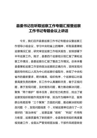 县委书记在听取巡察工作专题汇报暨巡察工作书记专题会议上讲话