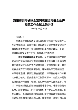 海阳市副市长张金富同志在全市安全生产专题工作会议上的讲话