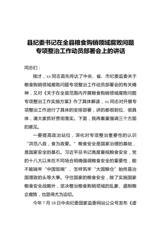县纪委书记在全县粮食购销领域腐败问题专项整治工作动员部署会上的讲话