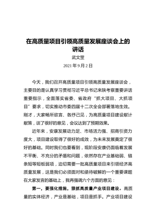 武文罡：在高质量项目引领高质量发展座谈会上的讲话