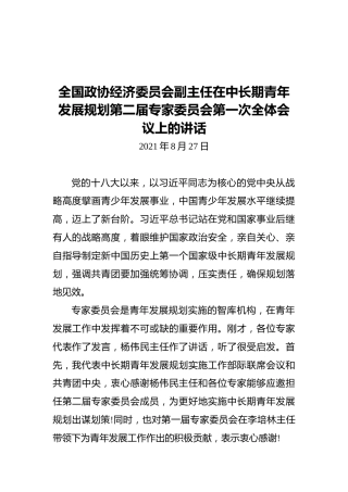 全国政协副主任在青年规划专家会上的讲话