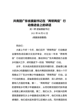 共青团广东省委副书记在“两帮两促”行动推进会上的讲话