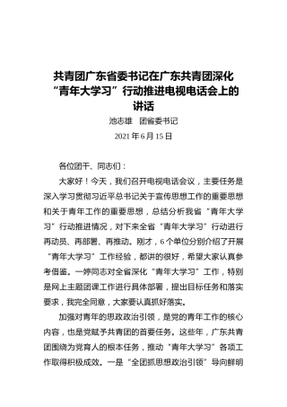 共青团广东省委书记在广东共青团深化“青年大学习”行动推进电视电话会上的讲话