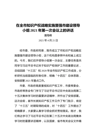 潘海峰：在全市知识产权战略实施暨强市建设领导小组2021年第一次会议上的讲话