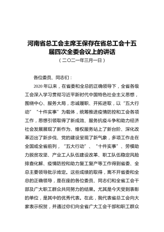 河南省总工会主席王保存在省总工会十五届四次全委会议上的讲话