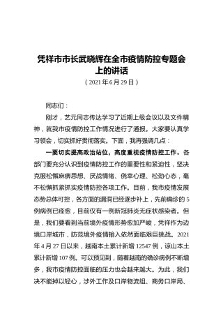 2021凭祥市市长武晓辉在全市疫情防控专题会上的讲话