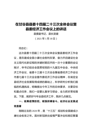 2021在甘谷县县委十四届二十三次全体会议暨县委经济工作会议上的讲话