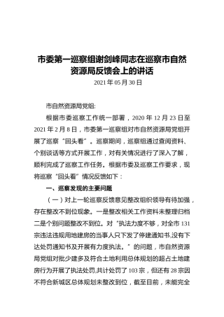 2021市委第一巡察组谢剑峰同志在巡察市自然资源局反馈会上的讲话