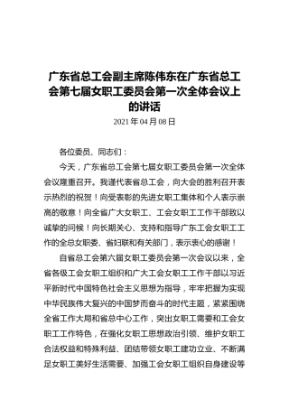 广东省总工会副主席陈伟东在广东省总工会第七届女职工委员会第一次全体会议上的讲话
