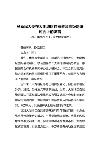 马新民大使在大湖地区自然资源高级别研讨会上的发言