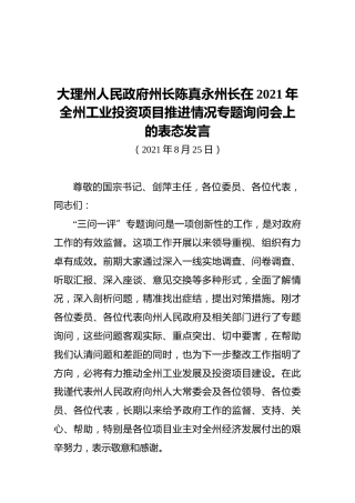大理州人民政府州长陈真永州长在2021年全州工业投资项目推进情况专题询问会上的表态发言