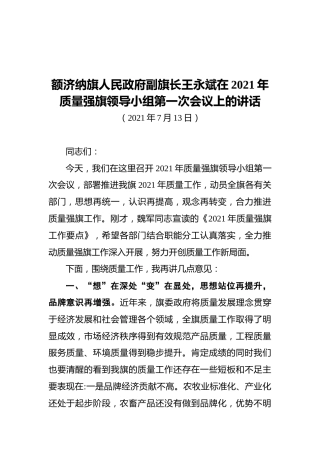 额济纳旗人民政府副旗长王永斌在2021年质量强旗领导小组第一次会议上的讲话