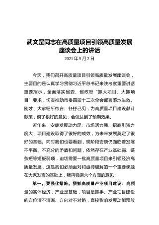 武文罡同志在高质量项目引领高质量发展座谈会上的讲话（20210902）