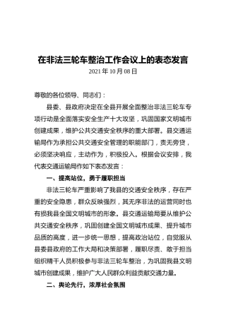 在非法三轮车整治工作会议上的表态发言（20211008）