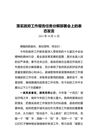 落实政府工作报告任务分解部署会上的表态发言（20211011）