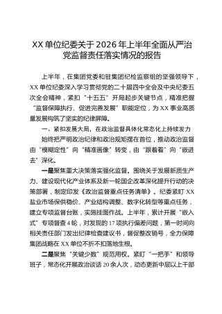 XX单位纪委关于2026年上半年全面从严治党监督责任落实情况的报告