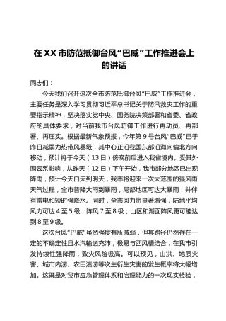 在XX市防范抵御台风“巴威”工作推进会上的讲话