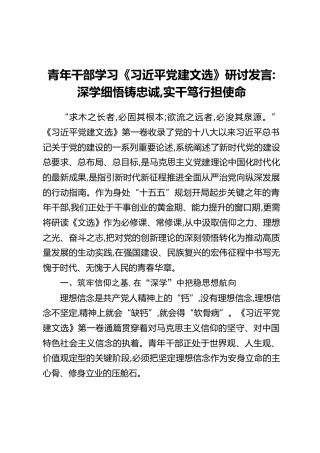 青年干部学习《习近平党建文选》研讨发言：深学细悟铸忠诚，实干笃行担使命
