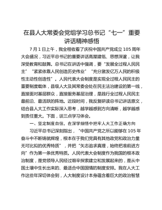 在县人大常委会党组学习总书记“七一”重要讲话精神感悟