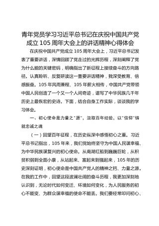 青年党员学习习近平总书记在庆祝中国共产党成立105周年大会上的讲话精神心得体会
