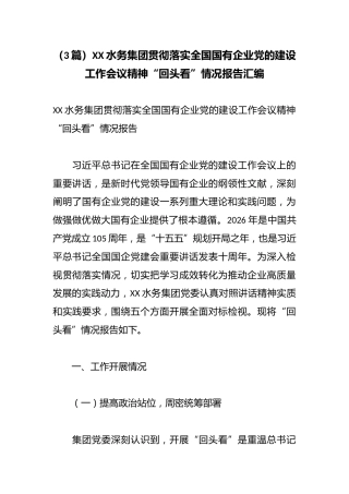 （3篇）XX水务集团贯彻落实全国国有企业党的建设工作会议精神“回头看”情况报告汇编