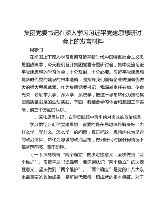 集团党委书记在深入学习习近平党建思想研讨会上的发言材料