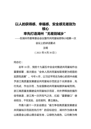 市长王纲：在湖州市委常委会会议暨市共同富裕领导小组第一次会议上的讲话要点