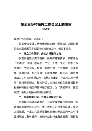 街道党工委书记赵敬来：在全县乡村振兴工作会议上的发言