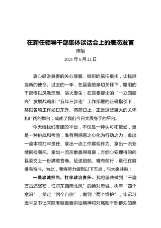 镇党委书记陈旭：在新任领导干部集体谈话会上的表态发言