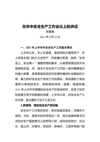 镇党委书记张鲁集：在年中安全生产工作会议上的讲话