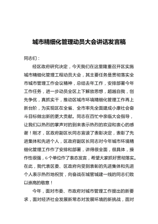 城市精细化管理动员大会讲话发言稿