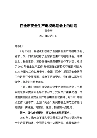 董金寿：在全市安全生产电视电话会上的讲话