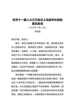 在市十一届人大三次会议上当选市长后的表态发言