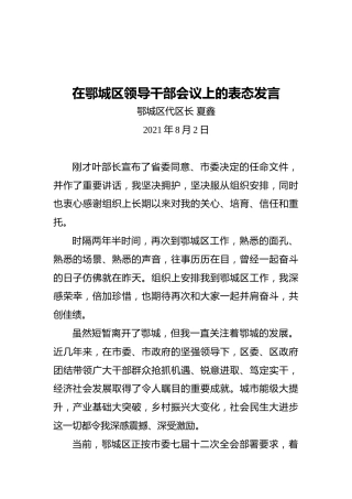 在鄂城区领导干部会议上的表态发言