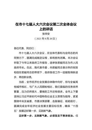 张祥安：在市十七届人大六次会议第二次全体会议上的讲话