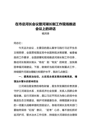 杨洪涛：在市总河长会议暨河湖长制工作现场推进会议上的讲话