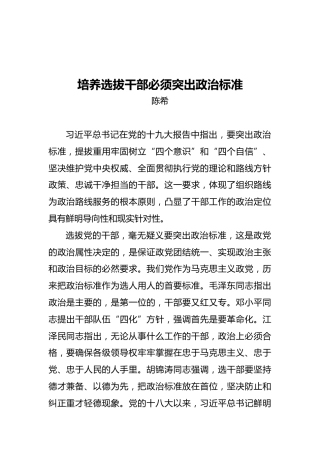 中央组织部长陈希：培养选拔干部必须突出政治标准