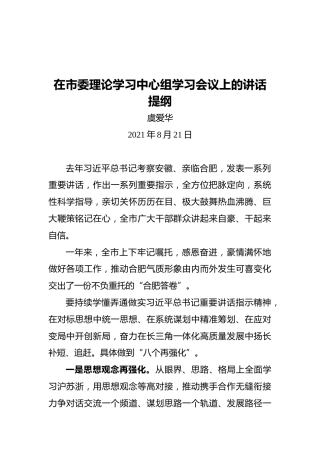 合肥市委书记虞爱华：在市委理论学习中心组学习会议上的讲话提纲