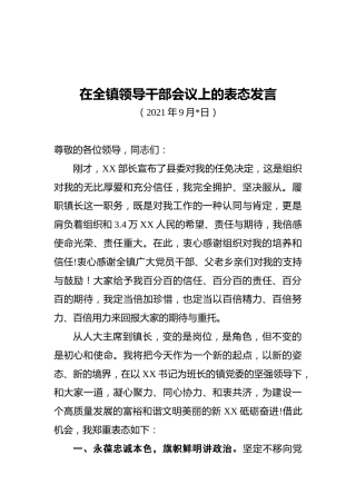 在全镇领导干部会议上的表态发言
