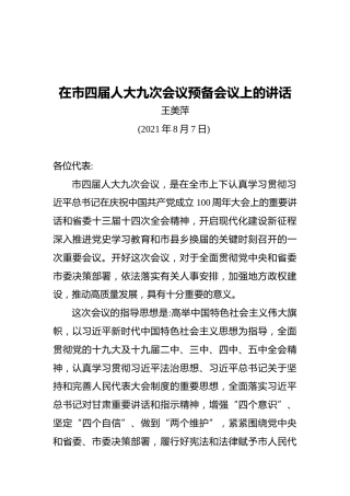 王美萍：在市四届人大九次会议预备会议上的讲话