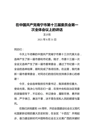 在中国共产党南宁市第十三届委员会第一次全体会议上的讲话