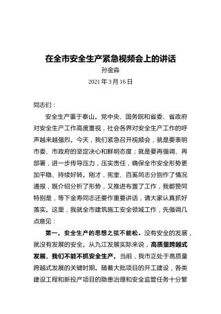 孙金淼：在全市安全生产紧急视频会上的讲话