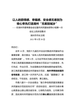 在湖州市委常委会会议暨市共同富裕领导小组第一次会议上的讲话要点
