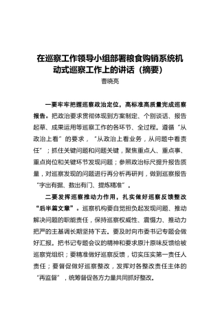 曹晓亮：在巡察工作领导小组部署粮食购销系统机动式巡察工作上的讲话（摘要）（20210825）
