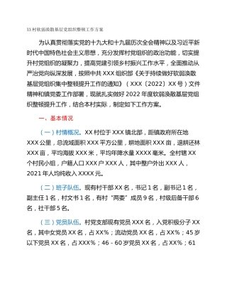 XX村软弱涣散基层党组织整顿工作方案